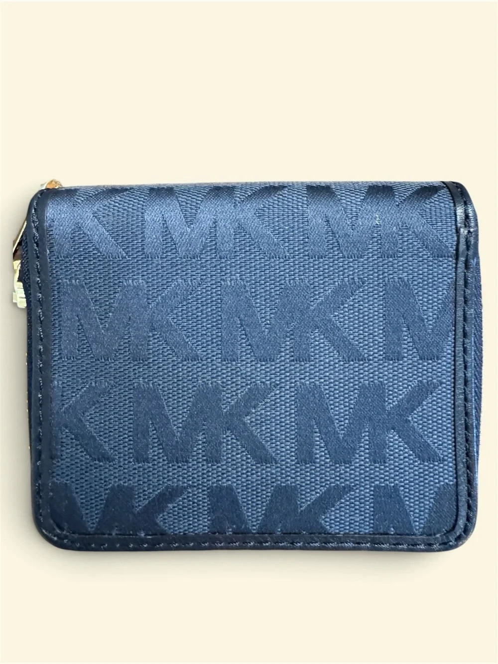 Michael Kors Navy Blue Signature Zip Card Holder with Gold Plaque